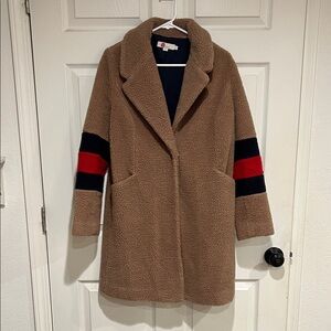 Biden Women's Tan Teddy Coat with Red and Blue Stripes